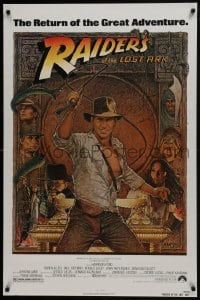 7g834 RAIDERS OF THE LOST ARK 1sh R1982 great Richard Amsel art of adventurer Harrison Ford!