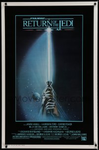 7g841 RETURN OF THE JEDI 1sh 1983 George Lucas, art of hands holding lightsaber by Tim Reamer!