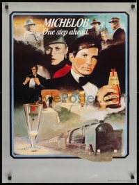 7g060 ANHEUSER-BUSCH 23x31 advertising poster 1982 M. Pate railroad train spy art, One Step Ahead!