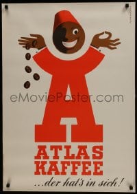 7g395 ATLAS KAFFEE 23x33 German advertising poster 1950s art of a mascot dropping coffee beans!