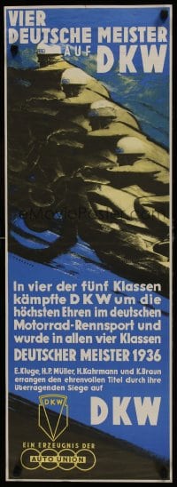 7g397 DKW 13x36 German advertising poster 1936 V. Mundorff art of men on speeding motorcycles!