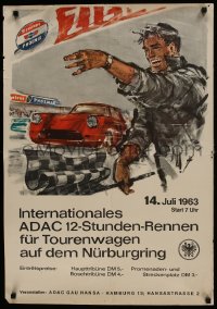 7g460 INTERNATIONALES ADAC 12-STUNDEN-RENNEN 23x33 German special poster 1963 man w/flag by race car!