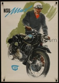 7g407 NSU 23x33 German advertising poster 1960s great art of motorcyle rider standing w/his bike!