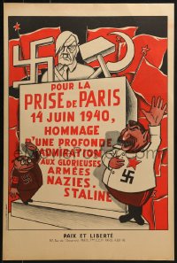 7g302 POUR LA PRISE DE PARIS 16x24 French special poster 1950s Stalin and Duclos 'salute' Hitler!