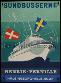 7g009 SUNDBUSSERNE 24x34 Danish travel poster 1958 great art of large ferry ship crossing ocean!