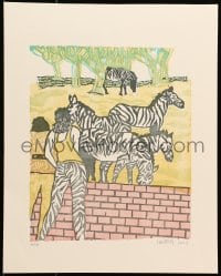 7g031 UNKNOWN ART PRINT signed #49/120 14x17 art print 2001 woman with zebra-striped pants & zebras!