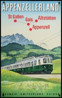 7g016 APPENZELLERLAND 25x40 Swiss travel poster 1950 art of a train with mountains in background!