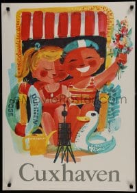 7g012 CUXHAVEN 23x33 German travel poster 1950s happy couple at beach and the Kugelbake!