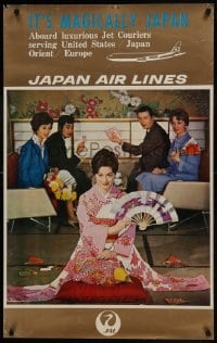 7g015 JAPAN AIR LINES JAPAN 25x39 Japanese travel poster 1960s woman in a white and red kimono!