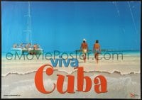 7g319 VIVA CUBA 19x27 Cuban travel poster 2000s people enjoying the beach and a catamaran!