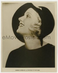 7h199 CAROLE LOMBARD 8x10 still 1930s wonderful sexy smiling profile portrait in unusual hat!