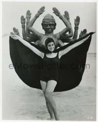 7h441 HELP 7.5x9.25 still 1965 great portrait of caped Eleanor Bron in swimsuit by statue!