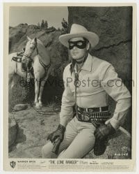 7h577 LONE RANGER 8x10 still 1956 great c/u of masked Clayton Moore with gun by his horse Silver!