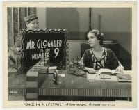 7h699 ONCE IN A LIFETIME 8x10 still 1932 uniformed boy holding sign by Zasu Pitts' desk!