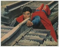 7h036 SUPERMAN color 8x10 still 1978 Christopher Reeve on tracks trying to save train from crashing!