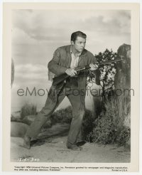 7h957 WALK THE PROUD LAND 8.25x10 still 1956 full-length close up of Audie Murphy holding rifle!