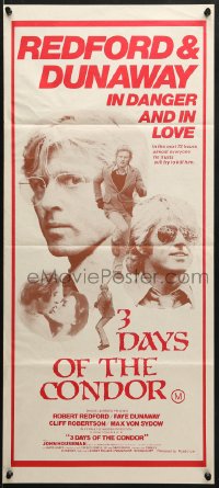7j011 3 DAYS OF THE CONDOR Aust daybill 1975 CIA analyst Robert Redford & Faye Dunaway in danger!