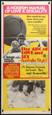 7j021 ABC OF LOVE & SEX: AUSTRALIA STYLE Aust daybill 1978 John D. Lamond, a manual of love & sex!
