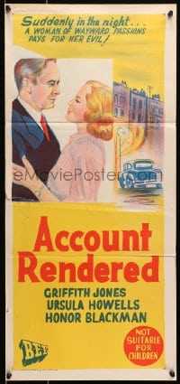 7j023 ACCOUNT RENDERED Aust daybill 1957 Griffith Jones, Ursula Howells, cool English crime art!
