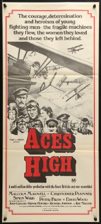 7j024 ACES HIGH Aust daybill 1976 Malcolm McDowell, really cool WWI airplane dogfight art!