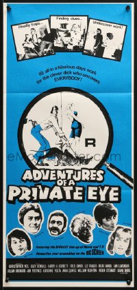 7j028 ADVENTURES OF A PRIVATE EYE Aust daybill 1977 Christopher Neil, Suzy Kendall, wacky art!