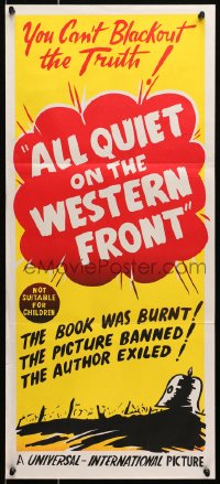 7j040 ALL QUIET ON THE WESTERN FRONT Aust daybill R1948 Lew Ayres, you can't blackout the Truth!