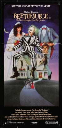 7j082 BEETLEJUICE Aust daybill 1988 Tim Burton, Ramsey art of Keaton, Baldwin & Geena Davis!