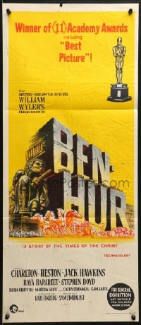 7j091 BEN-HUR Aust daybill R1960s Charlton Heston, William Wyler classic epic, cool chariot & title art!