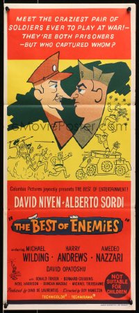 7j093 BEST OF ENEMIES Aust daybill 1962 David Niven, Alberto Sordi, Guy Hamilton, cool cartoon art!