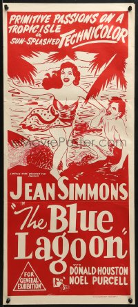 7j119 BLUE LAGOON Aust daybill R1950s duotone art of sexy stranded Jean Simmons & Donald Houston!