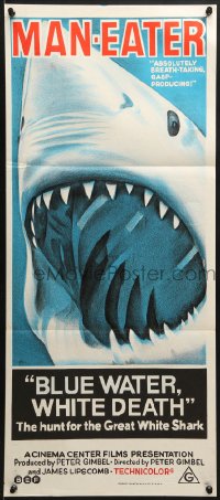 7j122 BLUE WATER, WHITE DEATH Aust daybill 1971 close image of great white shark with open mouth!