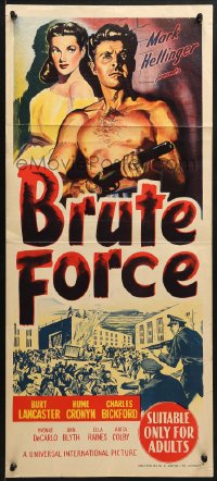 7j143 BRUTE FORCE Aust daybill 1947 Jules Dassin, barechested Burt Lancaster & sexy Yvonne DeCarlo!