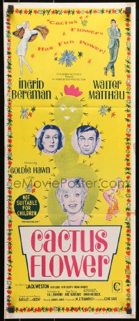 7j152 CACTUS FLOWER Aust daybill 1969 art of Matthau, hippie Goldie Hawn & nurse Ingrid Bergman!