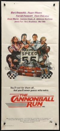 7j159 CANNONBALL RUN Aust daybill 1981 Burt Reynolds, Farrah Fawcett, Drew Struzan car racing art!