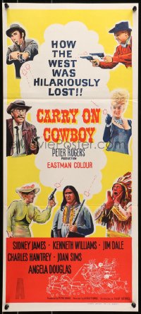 7j173 CARRY ON COWBOY Aust daybill 1965 Sidney James, sexy English cowboy western, different!