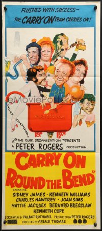 7j178 CARRY ON ROUND THE BEND Aust daybill 1971 Sidney James, Kenneth Williams, wacky art!