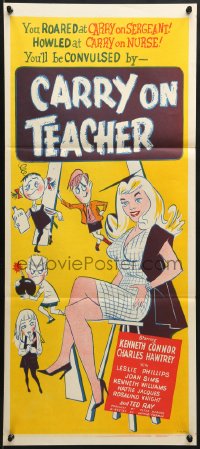 7j179 CARRY ON TEACHER Aust daybill 1962 Kenneth Connor, Charles Hawtrey, English, sexy comic art!