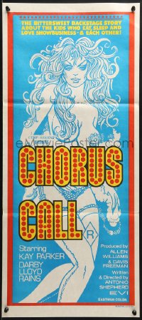 7j199 CHORUS CALL light blue style Aust daybill 1979 Darby Lloyd Rains, backstage story of sex!