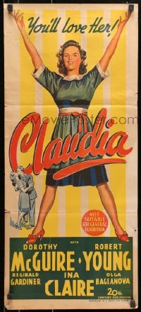 7j211 CLAUDIA Aust daybill R1940s art of full-length Dorothy McGuire, Robert Young & Ina Claire!