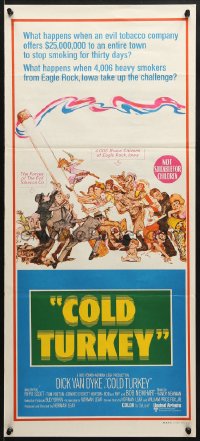 7j217 COLD TURKEY Aust daybill 1971 Dick Van Dyke & entire town quits smoking cigarettes, art by Kossin!