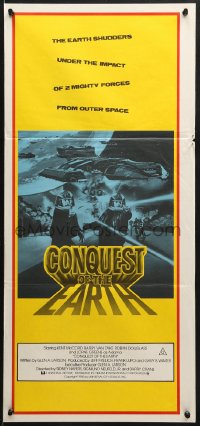 7j226 CONQUEST OF THE EARTH Aust daybill 1980 great image of wacky aliens terrorizing Hollywood!