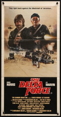 7j266 DELTA FORCE Aust daybill 1986 cool art of Chuck Norris & Lee Marvin firing guns by S. Watts!