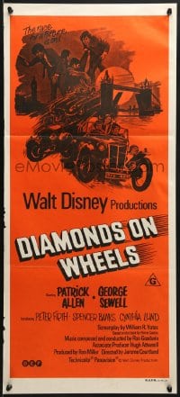 7j274 DIAMONDS ON WHEELS Aust daybill 1974 English Disney, cool hot rod artwork!