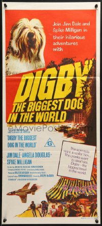7j277 DIGBY THE BIGGEST DOG IN THE WORLD Aust daybill 1974 cool artwork of sheep dog, wacky sci-fi!