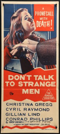 7j286 DON'T TALK TO STRANGE MEN Aust daybill 1962 terrified Christina Gregg, phone call with death!
