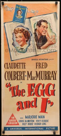 7j312 EGG & I Aust daybill 1947 Claudette Colbert, MacMurray, first Ma & Pa Kettle, art!