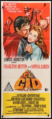7j313 EL CID Aust daybill 1962 art of Charlton Heston in armor embracing sexy Sophia Loren!