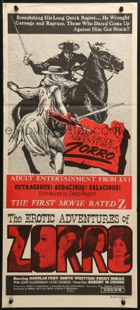 7j322 EROTIC ADVENTURES OF ZORRO Aust daybill 1972 sexy rated Z masked hero, best different art!