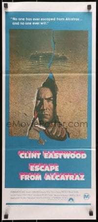 7j323 ESCAPE FROM ALCATRAZ Aust daybill 1979 cool artwork of Clint Eastwood busting out by Lettick!