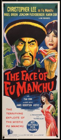 7j331 FACE OF FU MANCHU Aust daybill 1965 completely different art of Asian villain Christopher Lee!